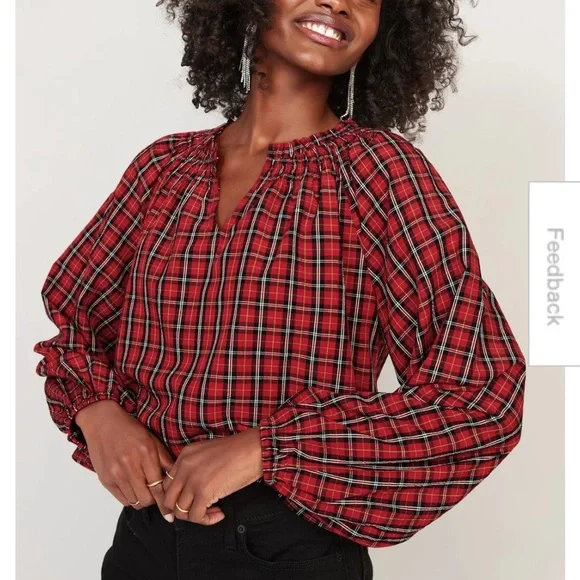 Old Navy Red Plaid Smocked Seersucker Swing Blouse XXL Tall - Picture 2 of 5